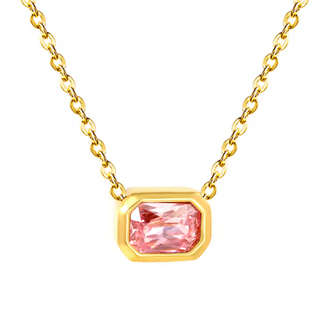 Stelluxe Stainless Steel Gold Color PVD Pink Zirconia Cross Chain Round Pendant Necklace