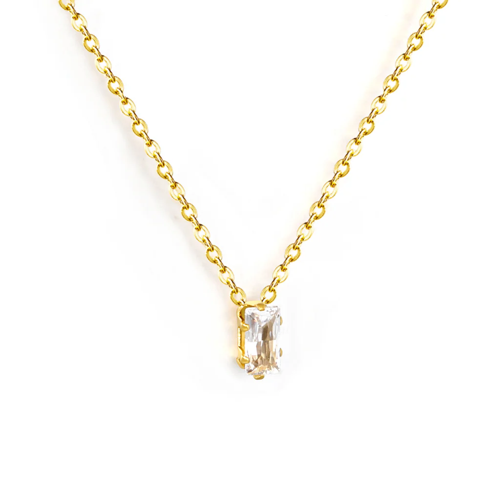 Stainless Steel Gold Color PVD Square White Zirconia Pendant Cross Chain Round Tail Plague Necklace