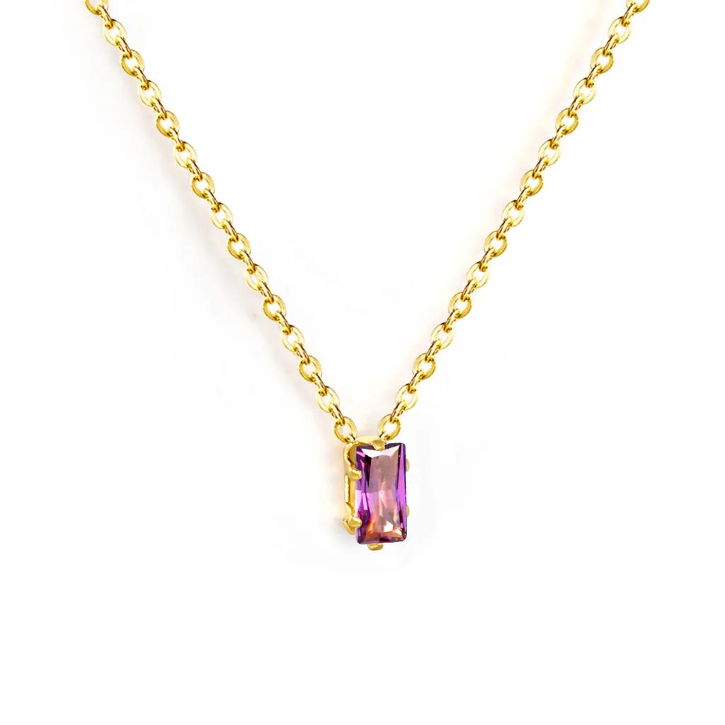 Stelluxe Stainless Steel Gold Color PVD Square Purple Zirconia Pendant Cross Chain Round Tail Plague Necklace