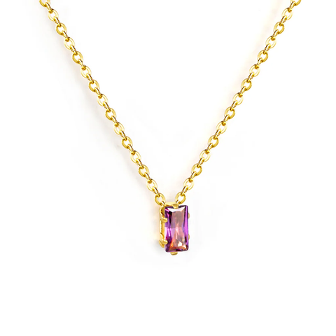 Stelluxe Stainless Steel Gold Color PVD Square Purple Zirconia Pendant Cross Chain Round Tail Plague Necklace