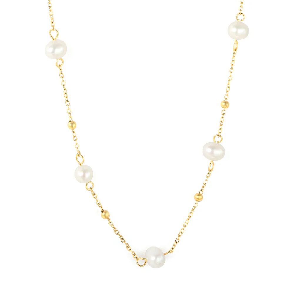 Stainless Steel Gold Color PVD Five Freshwater Pearls 0.35mm Cross Bead Chain Necklace