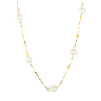 Stelluxe Stainless Steel Gold Color PVD Five Freshwater Pearls 0.35mm Cross Bead Chain Necklace