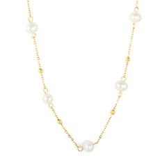 Stelluxe Stainless Steel Gold Color PVD Five Freshwater Pearls 0.35mm Cross Bead Chain Necklace