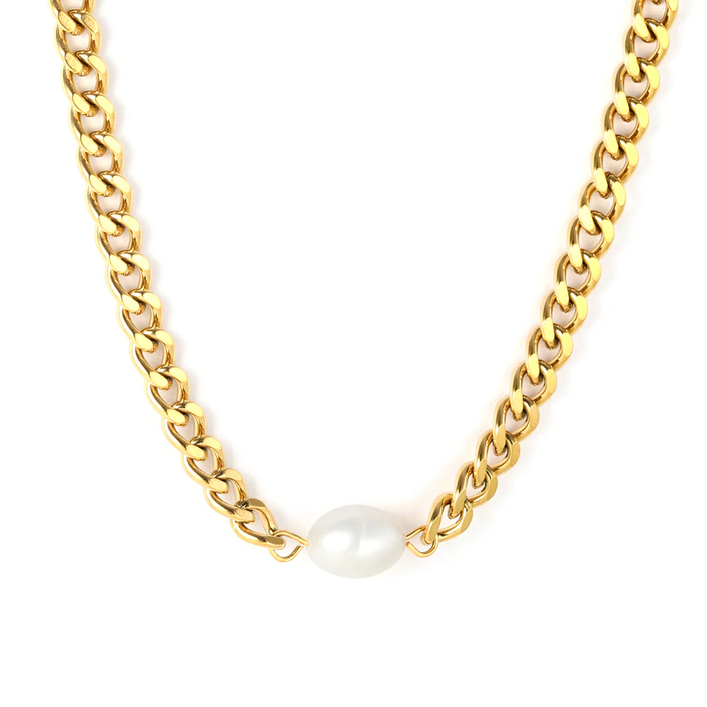 Stainless Steel Gold Color PVD Freshwater Pearls Double Sided Polished Single Clasp Chain Pendant Necklace
