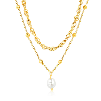 Stelluxe Stainless Steel Gold Color PVD Double Chain Wavy And Bead Pearl Round Tag Necklace