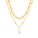 Stelluxe Stainless Steel Gold Color PVD Double Chain Wavy And Bead Pearl Round Tag Necklace