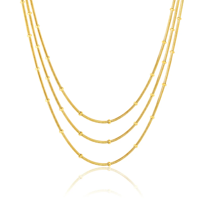 Stelluxe Stainless Steel Gold Color PVD Three Lines Round Snake Bead Round Tag Necklace