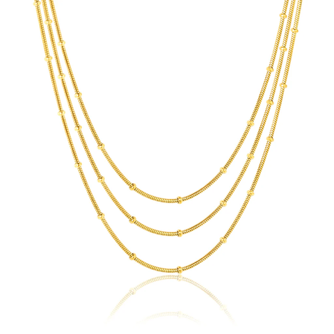 Stelluxe Stainless Steel Gold Color PVD Three Lines Round Snake Bead Round Tag Necklace