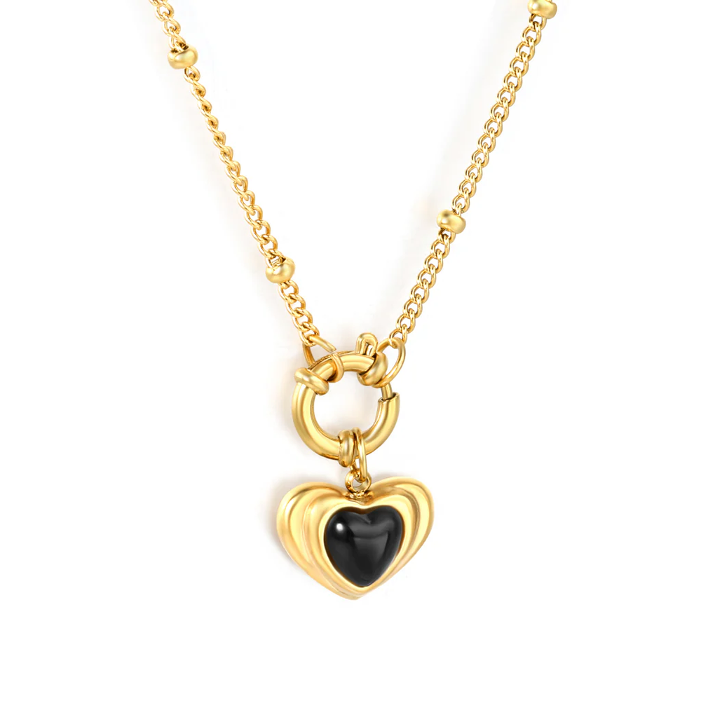 Stainless Steel Gold Color PVD Heart Shaped Adhesive Black Agate Side Mounted Bead Chain Necklace