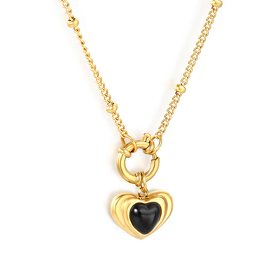 Stelluxe Stainless Steel Gold Color PVD Heart Shaped Adhesive Black Agate Side Mounted Bead Chain Necklace
