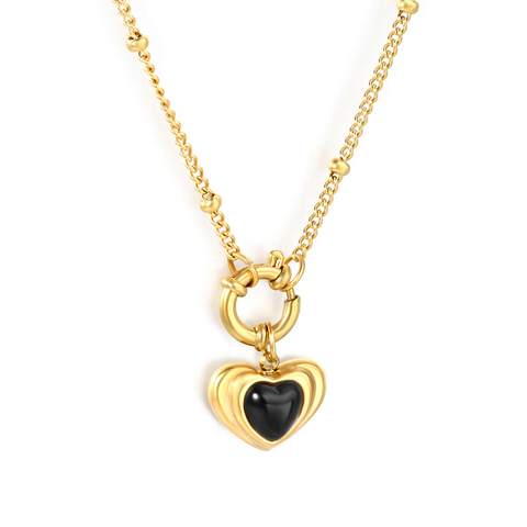 Stelluxe Stainless Steel Gold Color PVD Heart Shaped Adhesive Black Agate Side Mounted Bead Chain Necklace