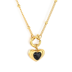 Tresoli Stainless Steel Gold Color PVD Heart Shaped Adhesive Black Agate Side Mounted Bead Chain Necklace