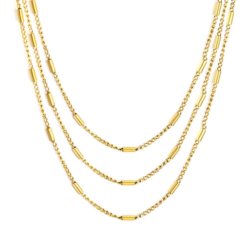 Stainless Steel Gold Color PVD Cross Side Wrap Tube Three Layers Chain Round Tail Plague Necklace