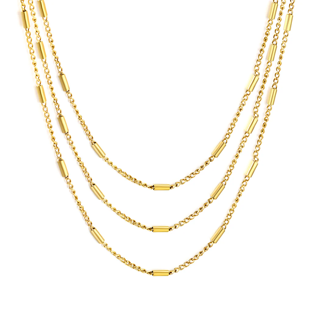Stelluxe Stainless Steel Gold Color PVD Cross Side Wrap Tube Three Layers Chain Round Tail Plague Necklace