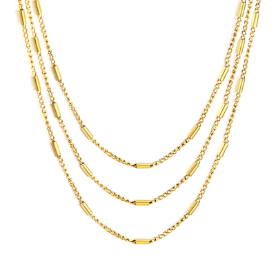 Stelluxe Stainless Steel Gold Color PVD Cross Side Wrap Tube Three Layers Chain Round Tail Plague Necklace