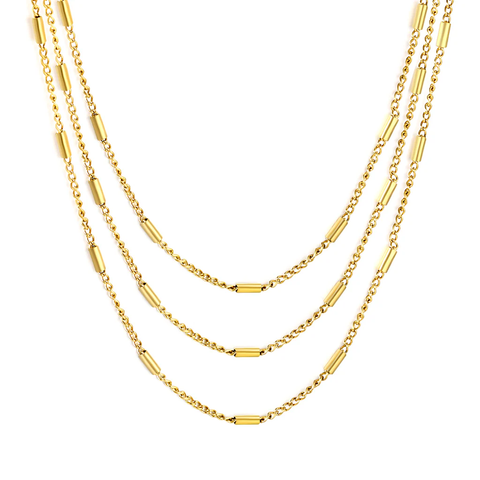 Stelluxe Stainless Steel Gold Color PVD Cross Side Wrap Tube Three Layers Chain Round Tail Plague Necklace
