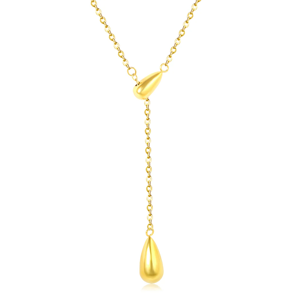 Stainless Steel Gold Color PVD Double Teardrop Necklace