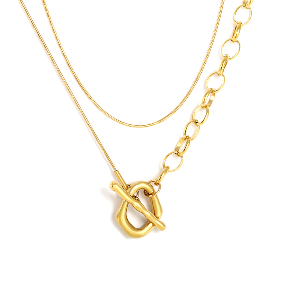 Stainless Steel Gold Color PVD Circles Chain Toggle Clasp Pendant Necklace