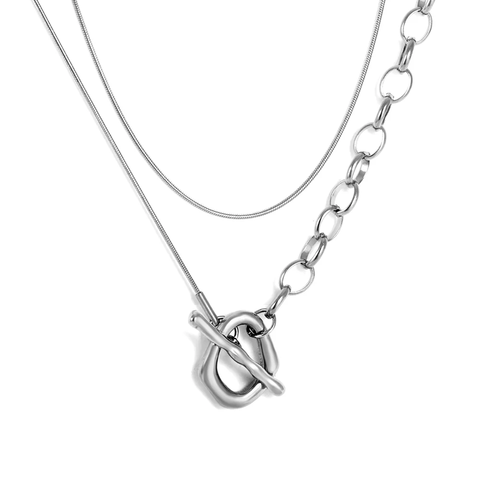 Stainless Steel Color PVD Oval And Bar Pendant Necklace