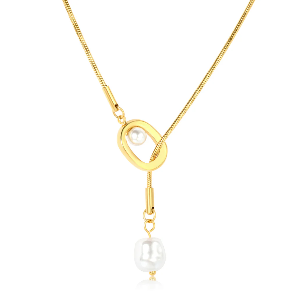 Stainless Steel Gold Color PVD Fringe Geometric Openwork Pearl Pendant Round Snake Necklace