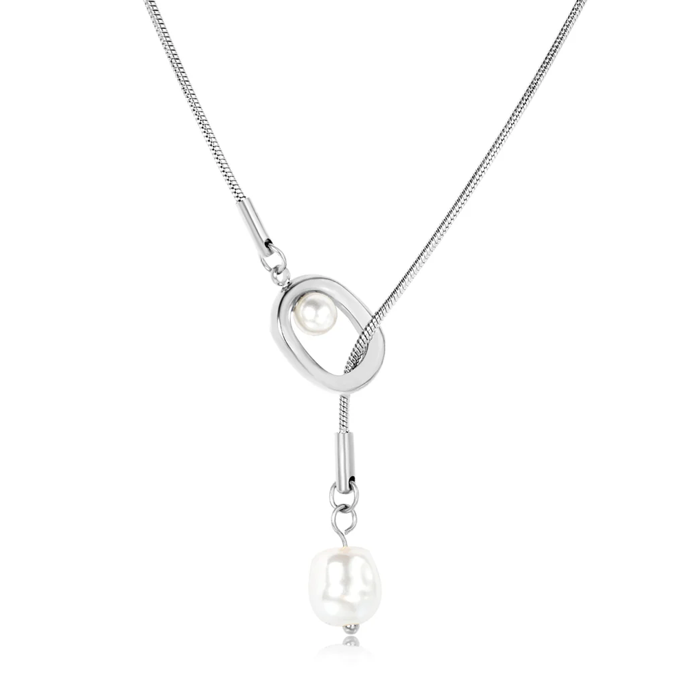 Stainless Steel Color PVD Fringe Geometric Openwork Pearl Pendant Round Snake Necklace