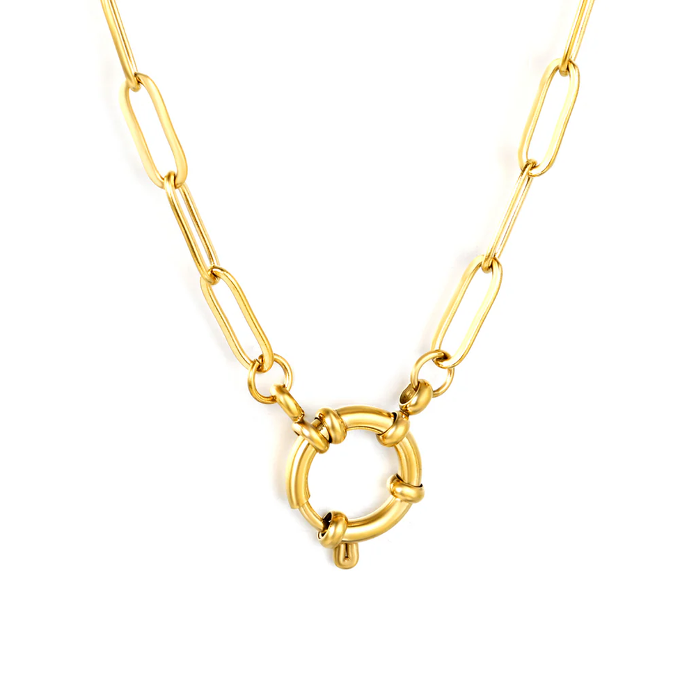 Stainless Steel Gold Color PVD Long Flat Cross Chain Round Clasp Necklace