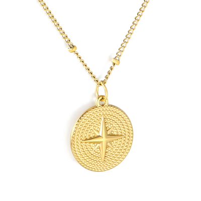 Stelluxe Stainless Steel Gold Color PVD Compass Side Pressed Bead Tail Tag Oval Clasp Pendant Necklace