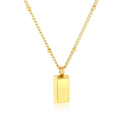 Stelluxe Stainless Steel Gold Color PVD Gold Brick Pendant Side Pearl Chain Round Tag Necklace