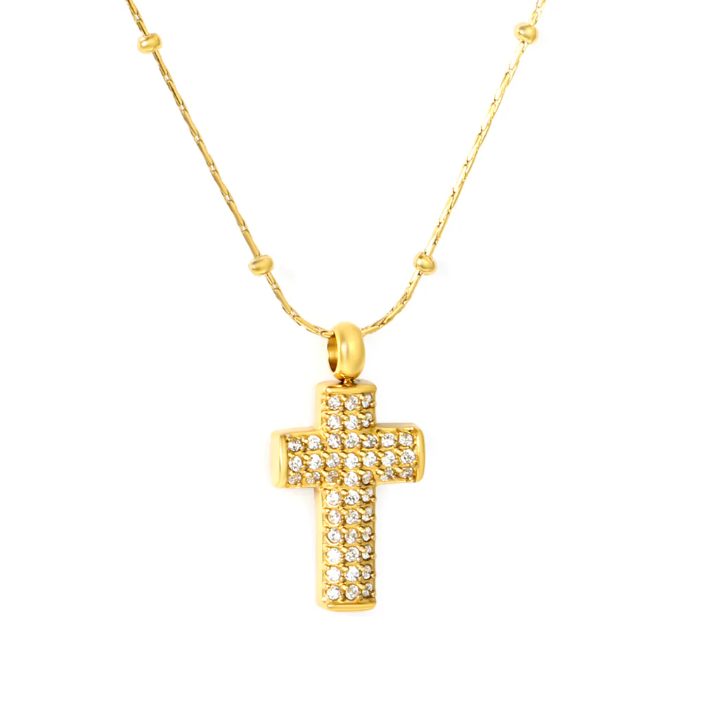 Stainless Steel Gold Color PVD White Cubic Zirconia Round Bead Cross Hammer Solid Clasp Chain Pendant Necklace