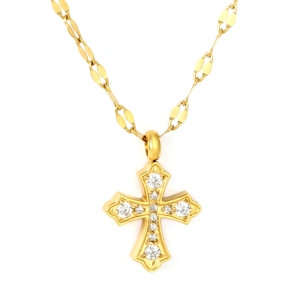 Stainless Steel Gold Color PVD White Zirconia Cross Lip Chain Pendant Necklace