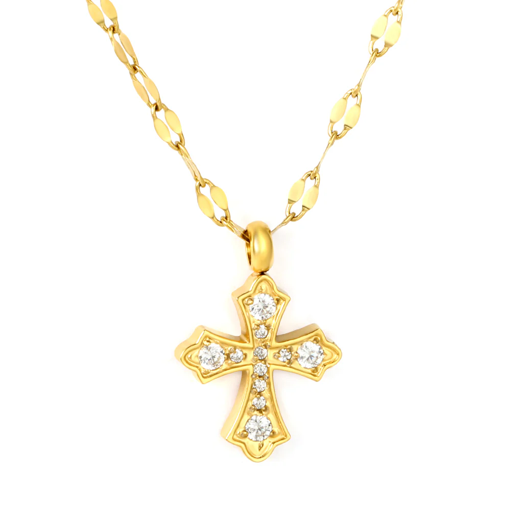 Stelluxe Stainless Steel Gold Color PVD White Zirconia Cross Lip Chain Pendant Necklace