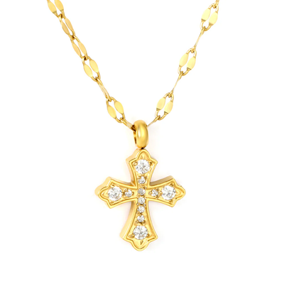 Stelluxe Stainless Steel Gold Color PVD White Zirconia Cross Lip Chain Pendant Necklace