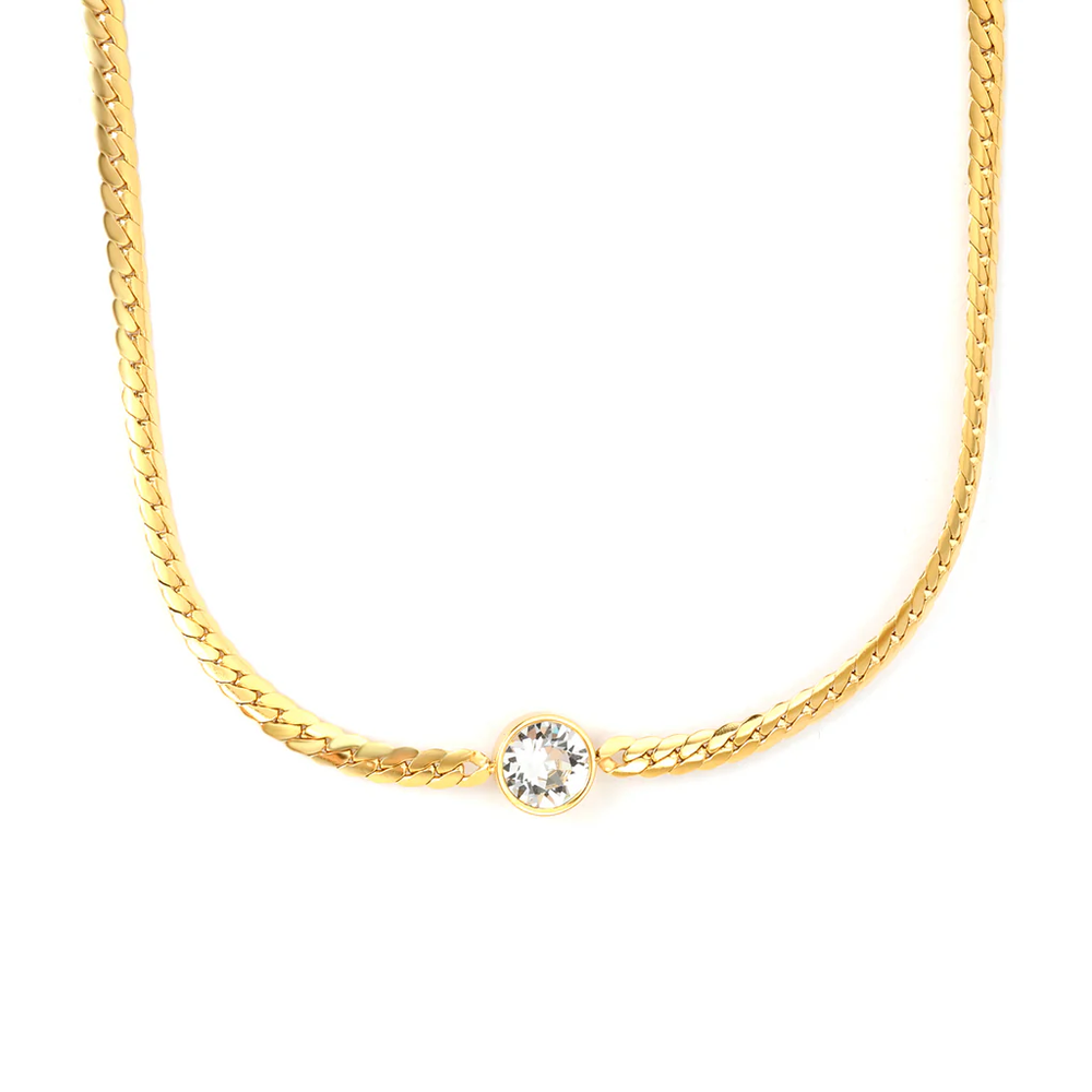 Stainless Steel Gold Color PVD Swarovski White Diamond Encrypted Cuban Round Pendant Necklace