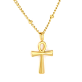 Stelluxe Stainless Steel Gold Color PVD Egyptian Cross Side Pressed Bead Chain With Round Tail Tag Necklace
