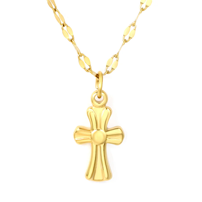 Stelluxe Stainless Steel Gold Color PVD Cross Lip Chain Round Tag Necklace