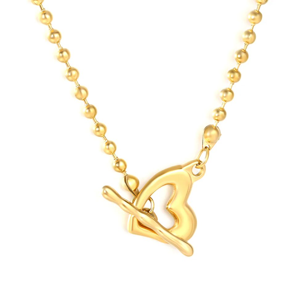 Stainless Steel Gold Color PVD Bead Chain Heart Shaped T Closure Necklace