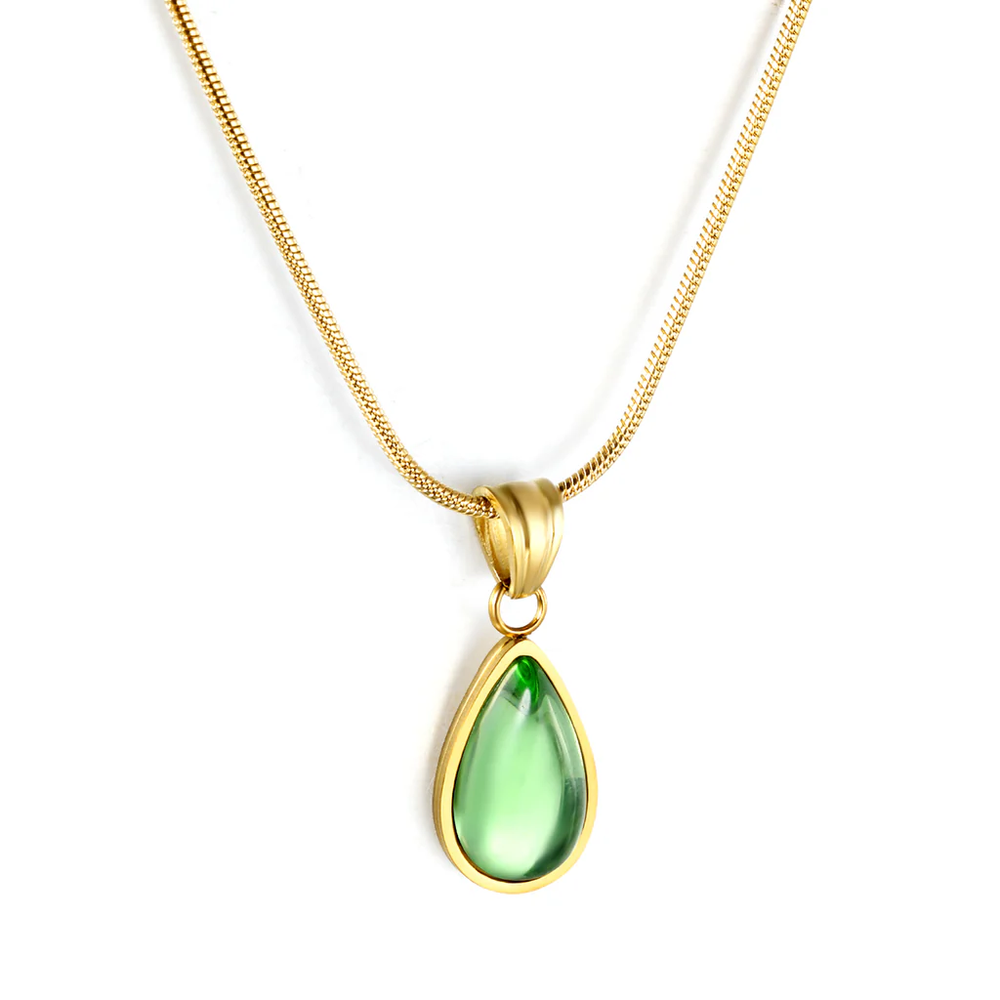 Stainless Steel Gold Color PVD Green Diamond Drop Pendant With Round Tail Plague Necklace