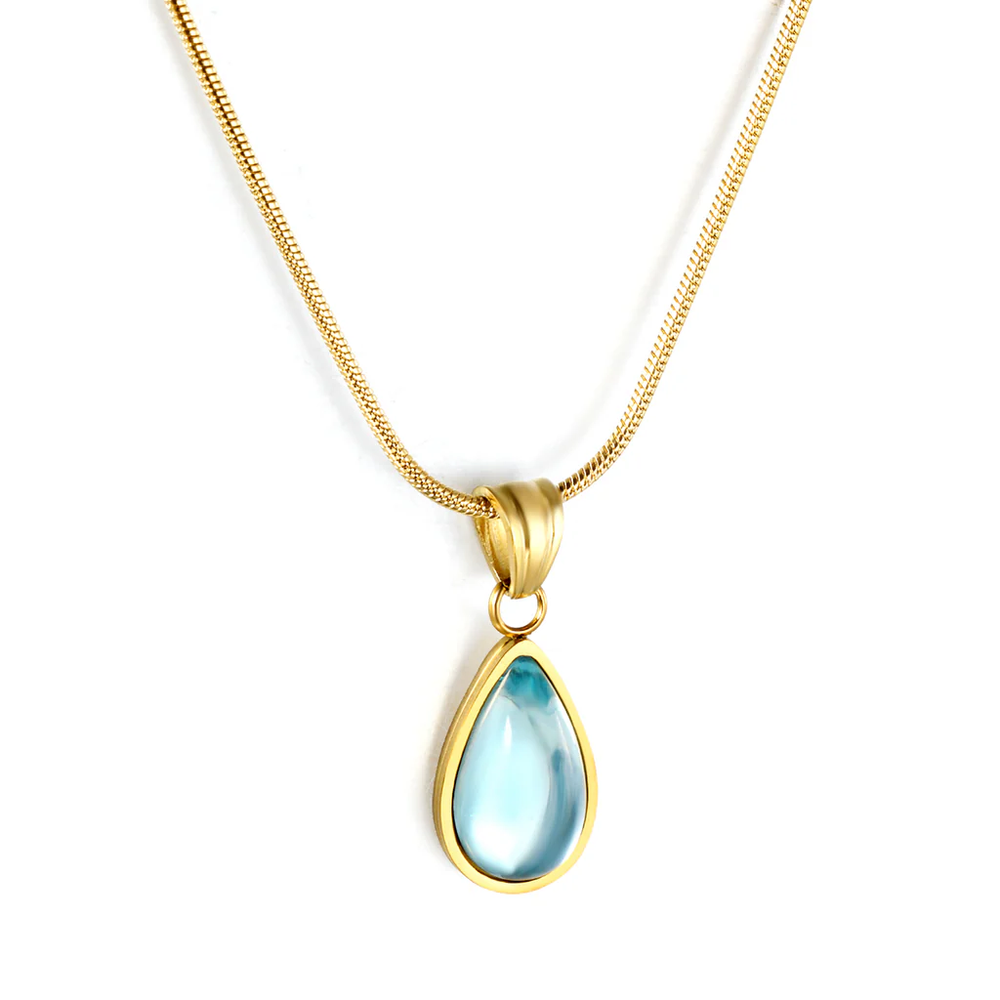 Stainless Steel Gold Color PVD Blue Diamond Drop Pendant With Round Tail Plague Necklace
