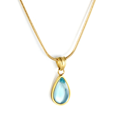 Stelluxe Stainless Steel Gold Color PVD Blue Diamond Drop Pendant With Round Tail Plague Necklace