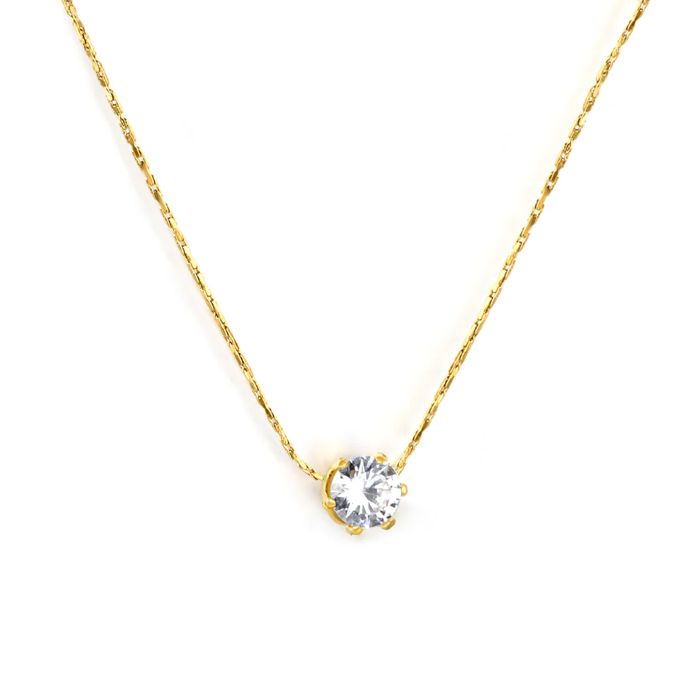Stainless Steel Gold Color PVD Six Claws Round White Diamond Pendant With Round Tail Plague Necklace