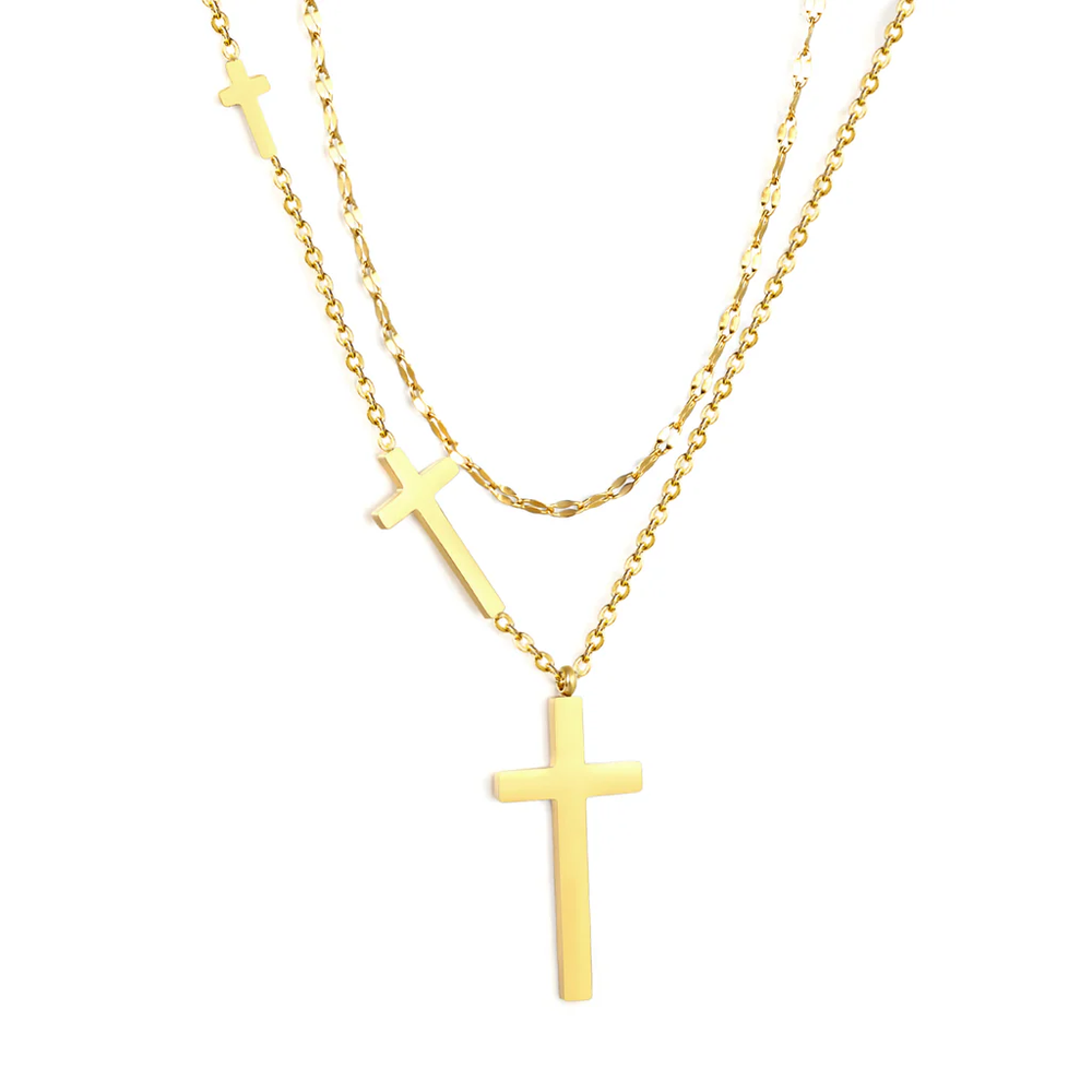 Stainless Steel Gold Color PVD Cross Pendant Lip Double Chain Necklace