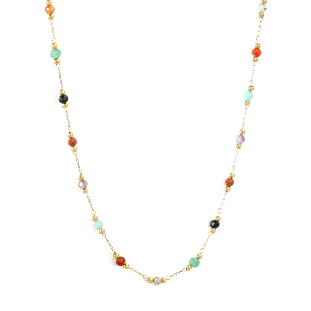 Stainless Steel Gold Color PVD Small Steel And Multi Color Stones Square End Cap Necklace