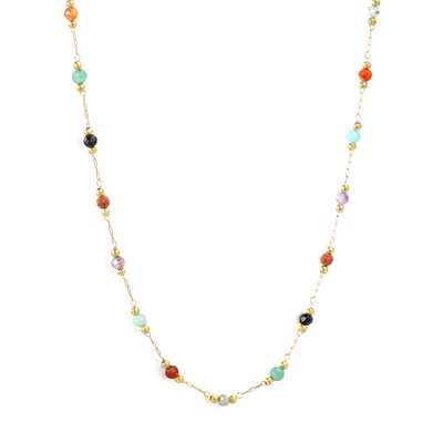 Stelluxe Stainless Steel Gold Color PVD Small Steel And Multi Color Stones Square End Cap Necklace