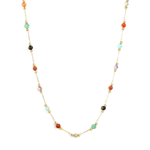 Stelluxe Stainless Steel Gold Color PVD Small Steel And Multi Color Stones Square End Cap Necklace