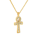 Stelluxe Stainless Steel Gold Color PVD Egyptian Cross Pendant With White Acrylic Diamonds Twisted Chain Round Tag Necklace