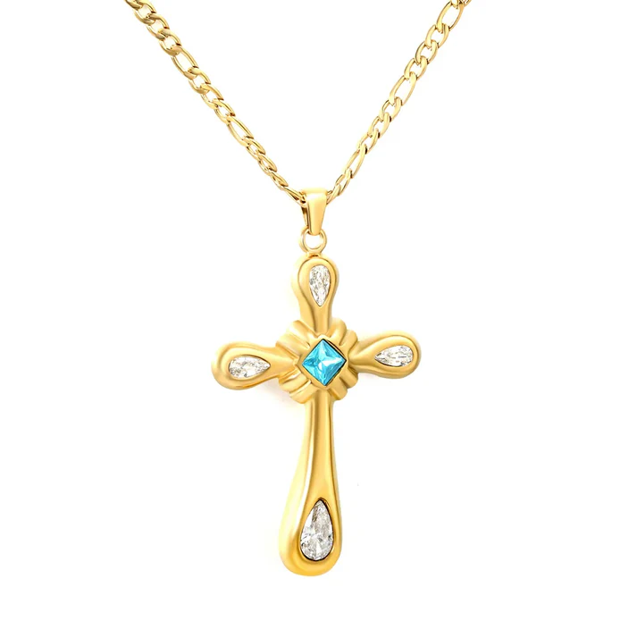 Stainless Steel Gold Color PVD Egyptian Multicolored Cross Chain Necklace