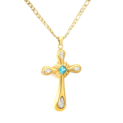 Tresoli Stainless Steel Gold Color PVD Egyptian Multicolored Cross Chain Necklace