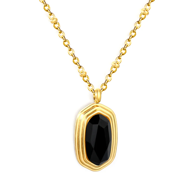 Stelluxe Stainless Steel Gold Color PVD Black Agate Stone Pendant Clip Bead Chain Round Tag Necklace