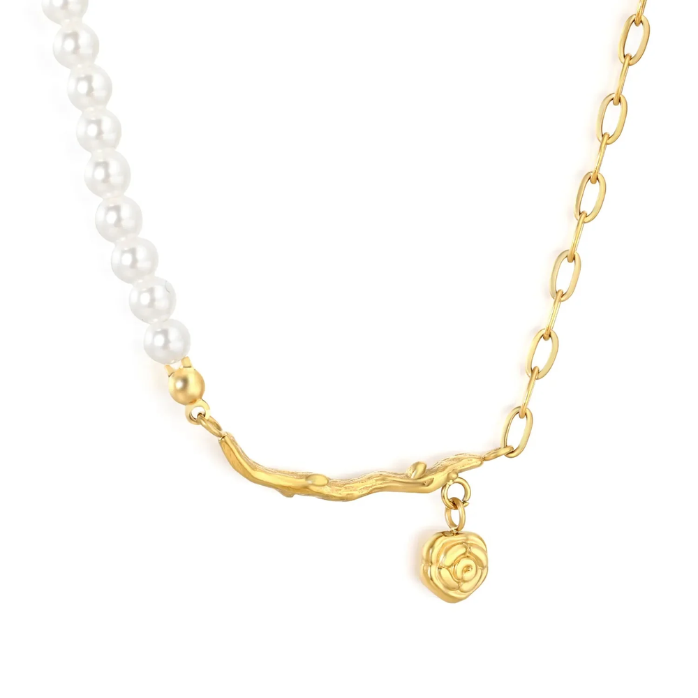 Stainless Steel Gold Color PVD Branch With Rose Pearl And Hammer Cross Chain Pendant Necklace