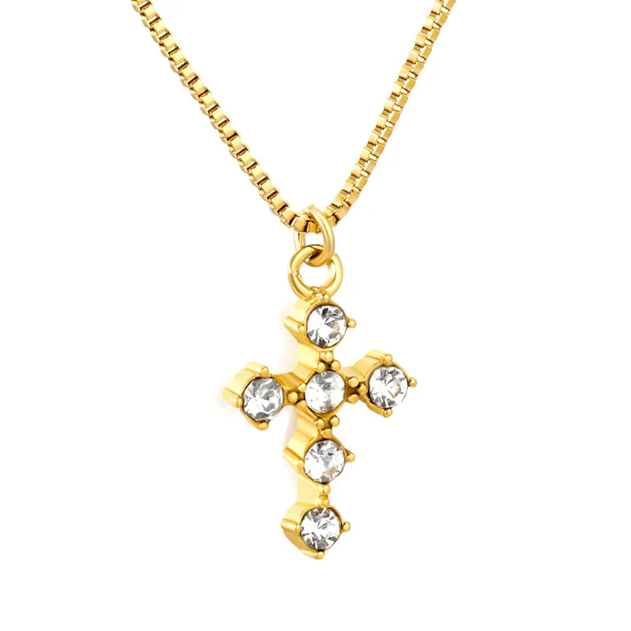 Stainless Steel Gold Color PVD Cross Shaped Pendant Box Chain Necklace With Diamonds